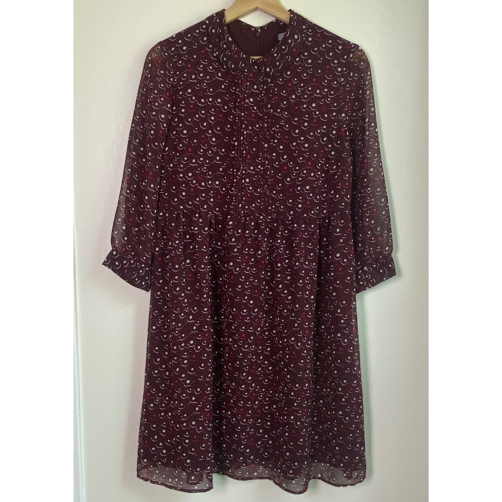 Uniqlo Chiffon Pleated Dress Medium Burgundy Polka Dot Retro Peter Pan Collar